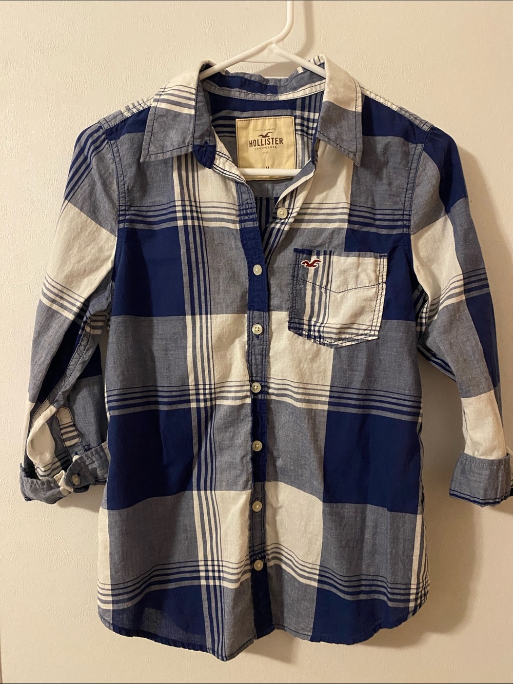 Hollister Blue, White and Gray Plaid Button-Down Shirt